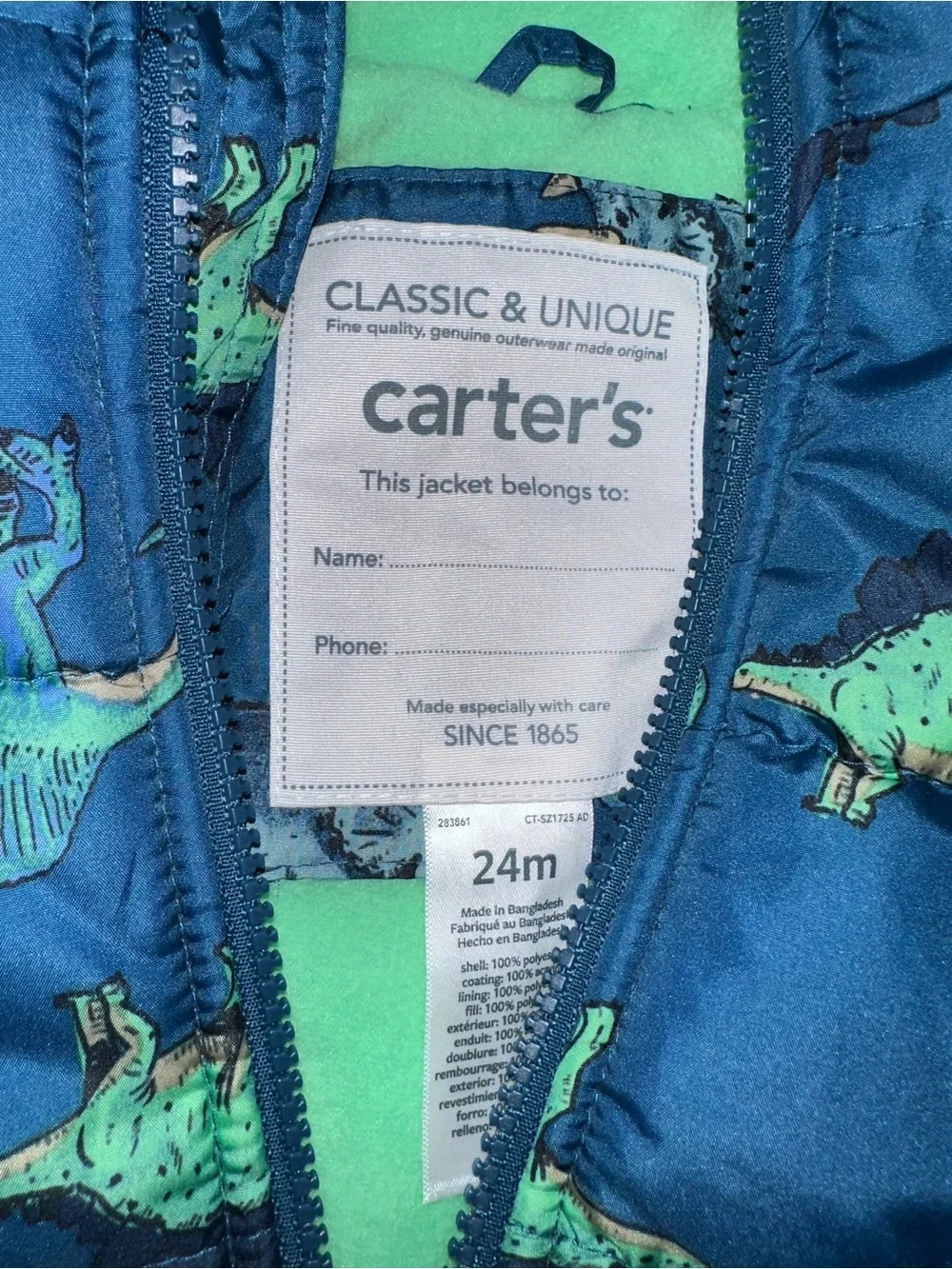 Carters boys dinosaur winter coat and snow pants set. Size 24m